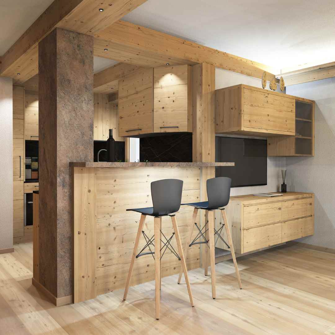 Progettazione di una cucina con bancone e sgabelli in legno su misura