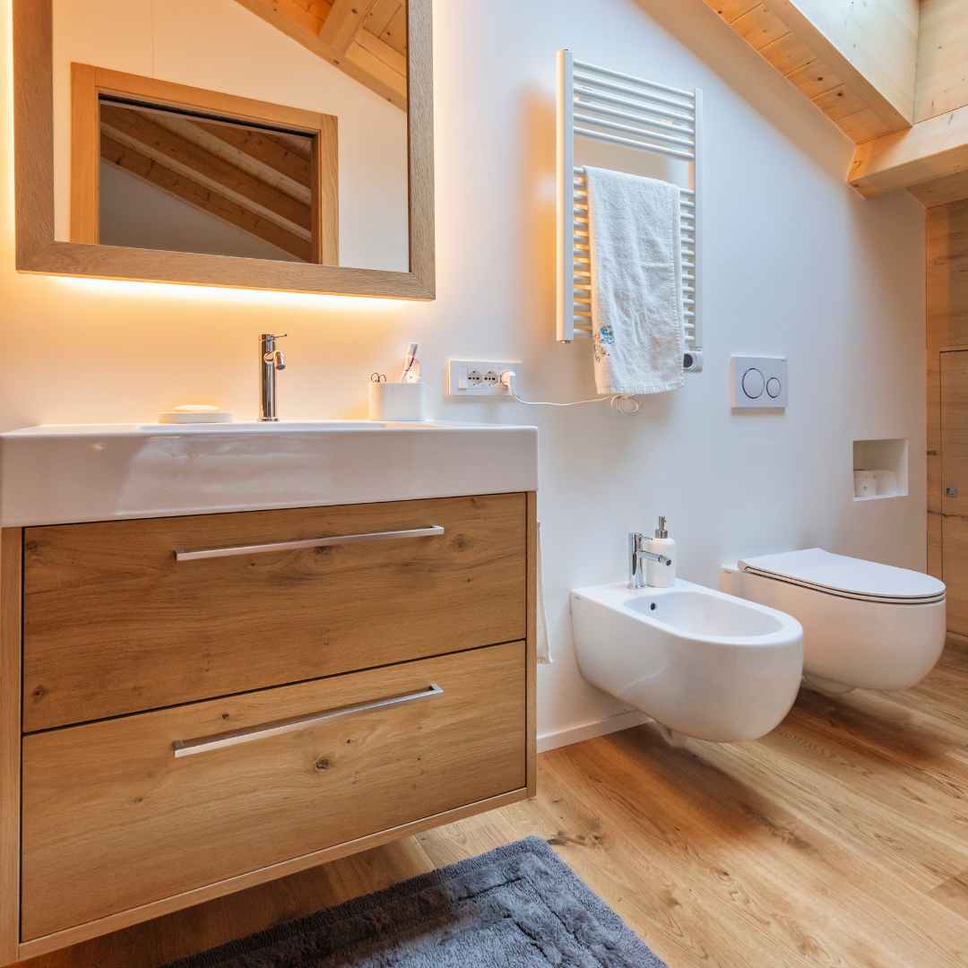 Mobile bagno in rovere con due cassetti e maniglia in acciaio