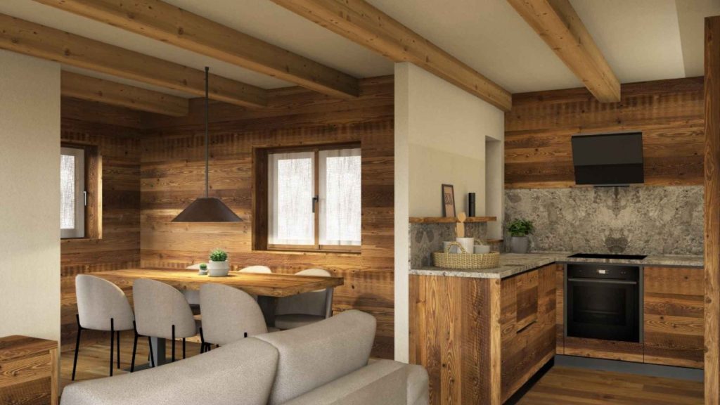 Render di cucina e soggiorno con legno di montagna