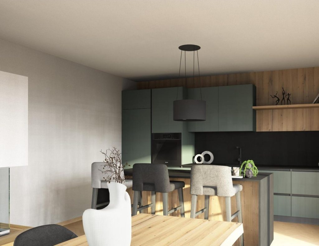 Render immobiliare di un open space moderno color salvia